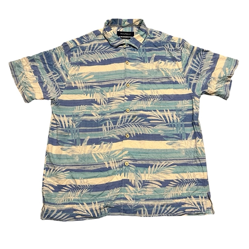Tommy‎ Bahama Shirt Mens Blue White Silk Print Hawaiian Camp Button Up Large